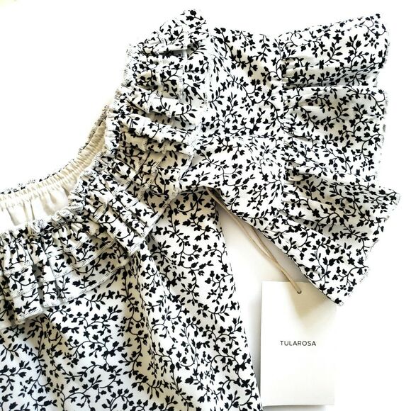 TULAROSA Ciao Bella off the shoulder ruffle tie waist dress black white Sz M NEW - Picture 3 of 6